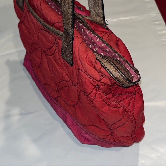 Fossil Key Per RED Handbag Purse Cranberry QUILTED Fabric Brown Leather TOTE 15” - Picture 14 of 14